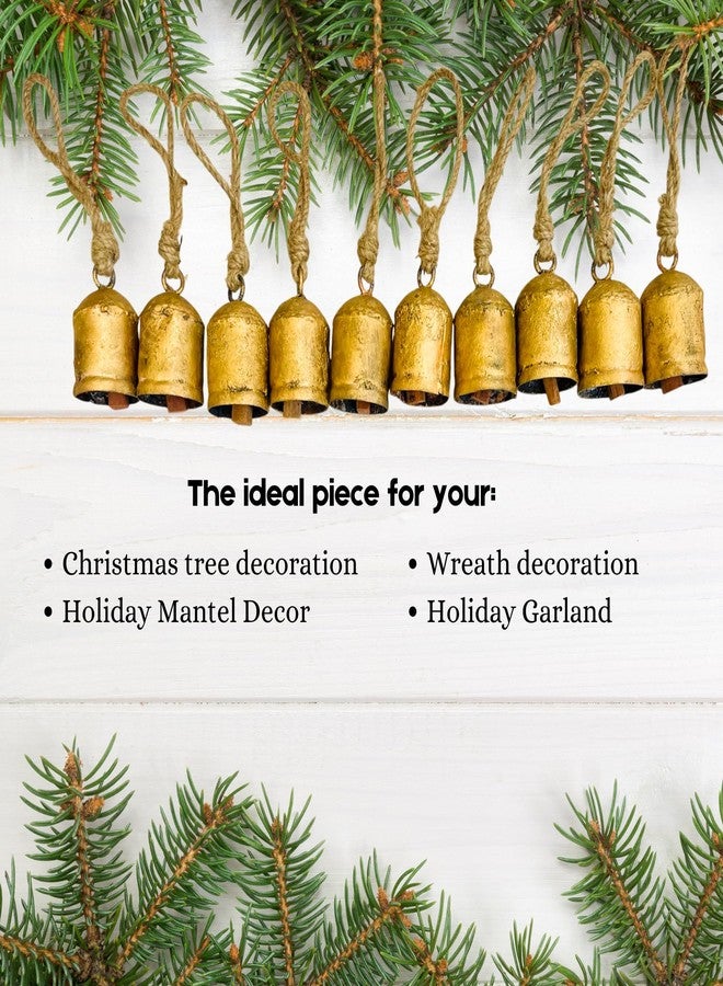 Mie Creations Set of 10 Rustic Vintage Cow Bells, Handmade Christmas Bells on Jute Rope, Decorative Christmas Tree Ornaments, 2.5in Jingle Bells for Crafts, Metal Hanging Wreath Cowbells- Antique Gold - Image 5